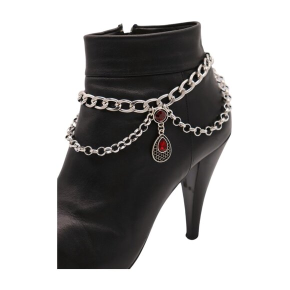 Women Silver Metal Boot Chain Bracelet Shoe Anklet Ethnic Drop Charm Red 2PCS - Picture 9 of 17